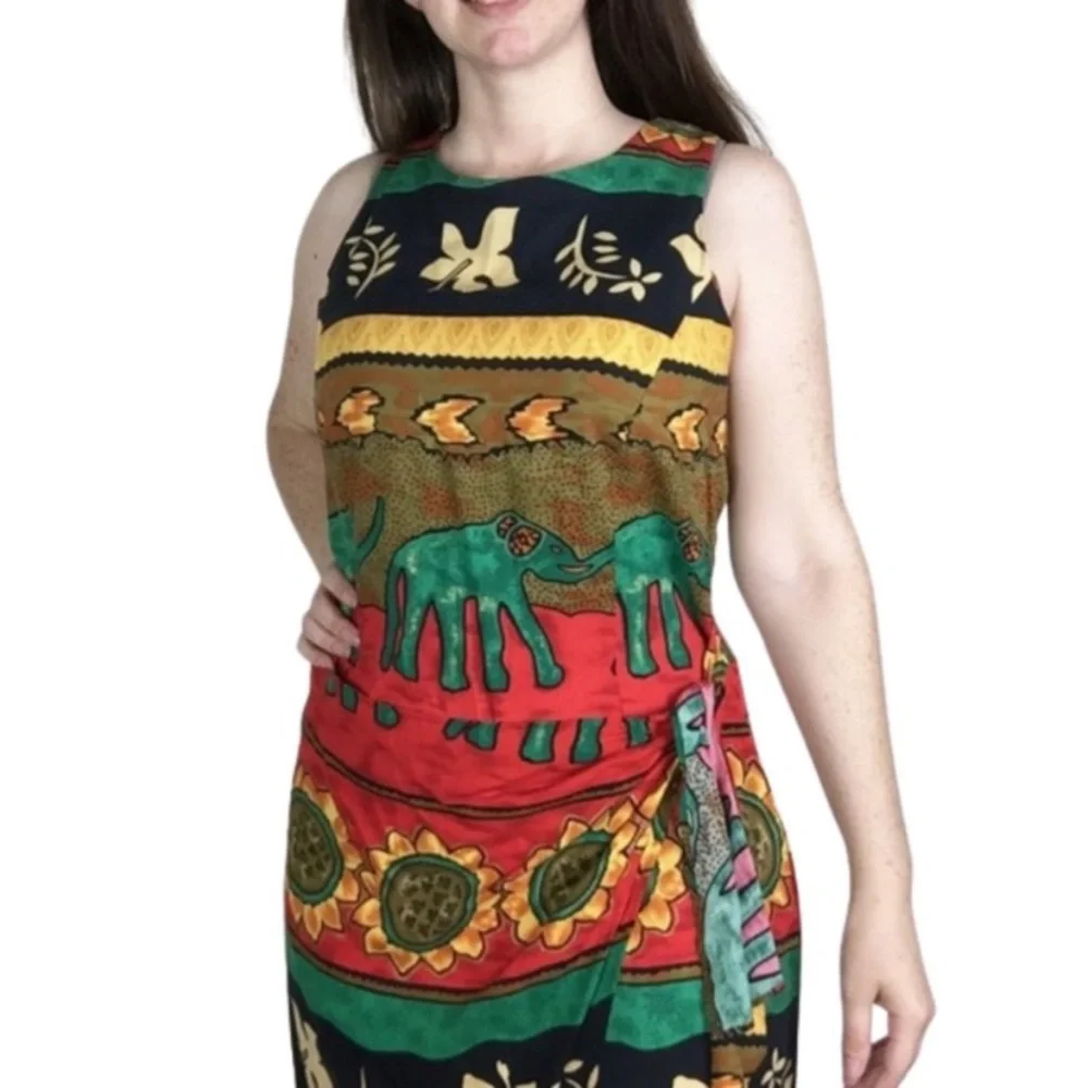 Vintage African inspired faux wrap rayon maxi dress size 8 African safari